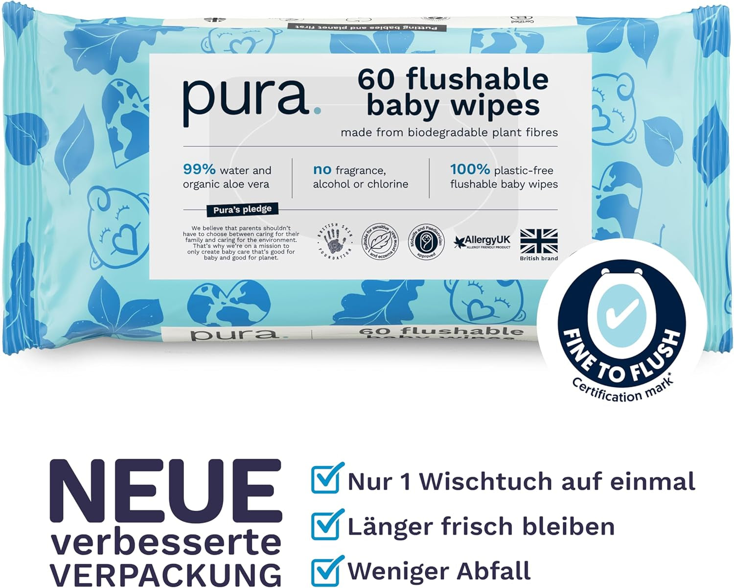 Eco-vriendelijke wegwerp-babydoekjes voor de gevoelige babyhuid 70 doekjes (1 pak) 99% water 100% plasticvrij voor gevoelige huid Eczeemgevoelige pasgeborenen Biologisch afbreekbaar Veganistisch