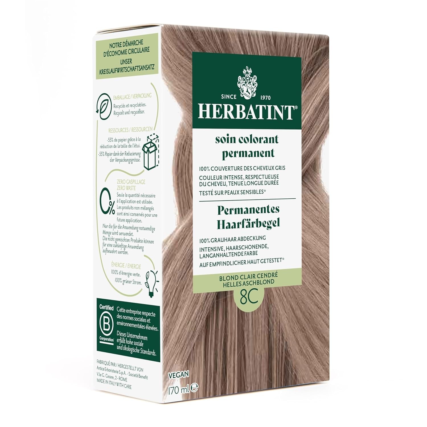 Permanente haarverfgel 6N Donkerblond - 170 ml I Ammoniakvrij, 100% grijze haardekking Ik getest op een gevoelige huid, met 8 plantenextracten Naty Shop Haarverf 8C Lichtgrijs Blond