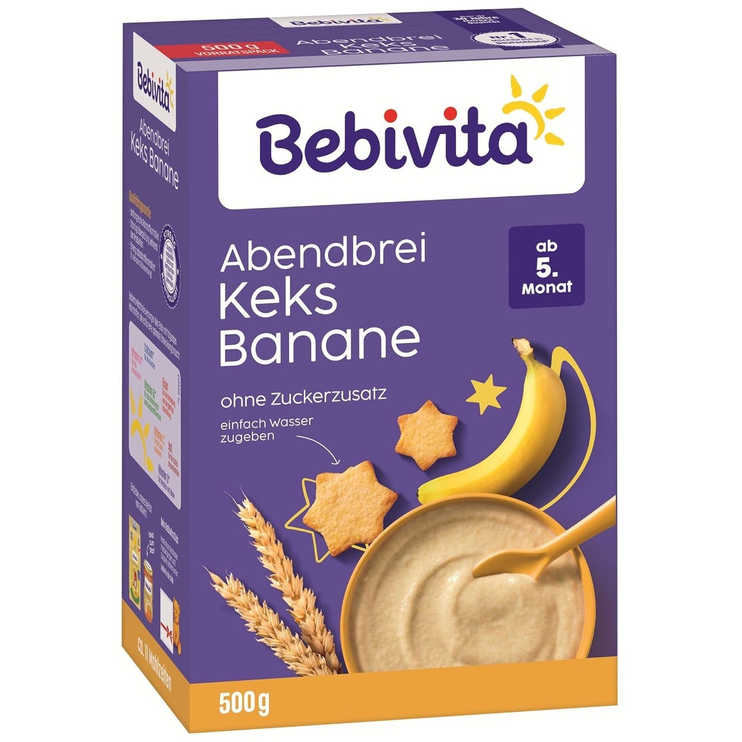 Avondpap met koekjes en bananen (4x500g), melkpap vanaf 5 maanden, zonder toegevoegde suiker, met waardevolle mineralen en vitamines, zeer vullend