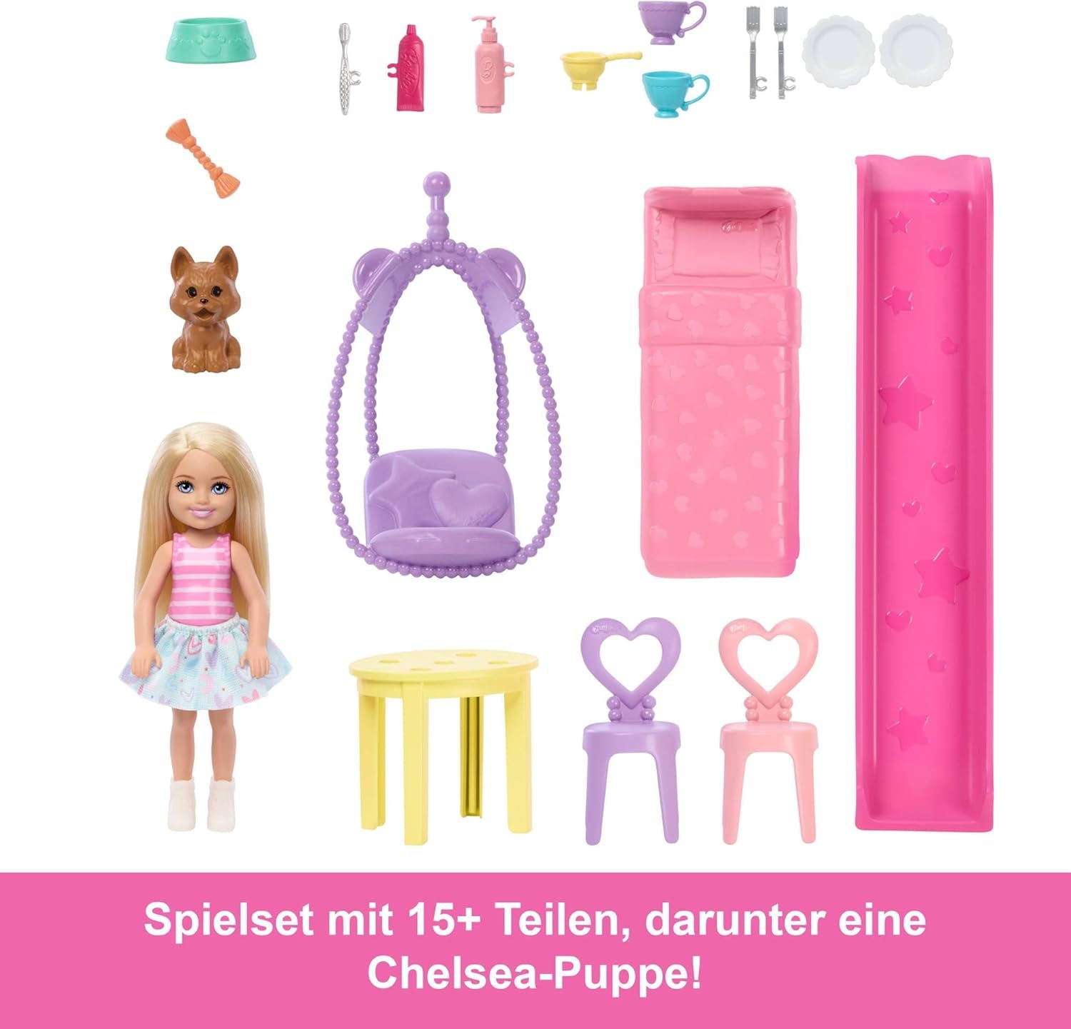 Barbie Chelsea poppenhuis met meer dan 15 accessoires, pop-uphuis kan worden uitgebreid tot meer dan 42 x 33 cm met 5 speelplekken en een glijbaan, met een kleine pop en een hond, JFW49
