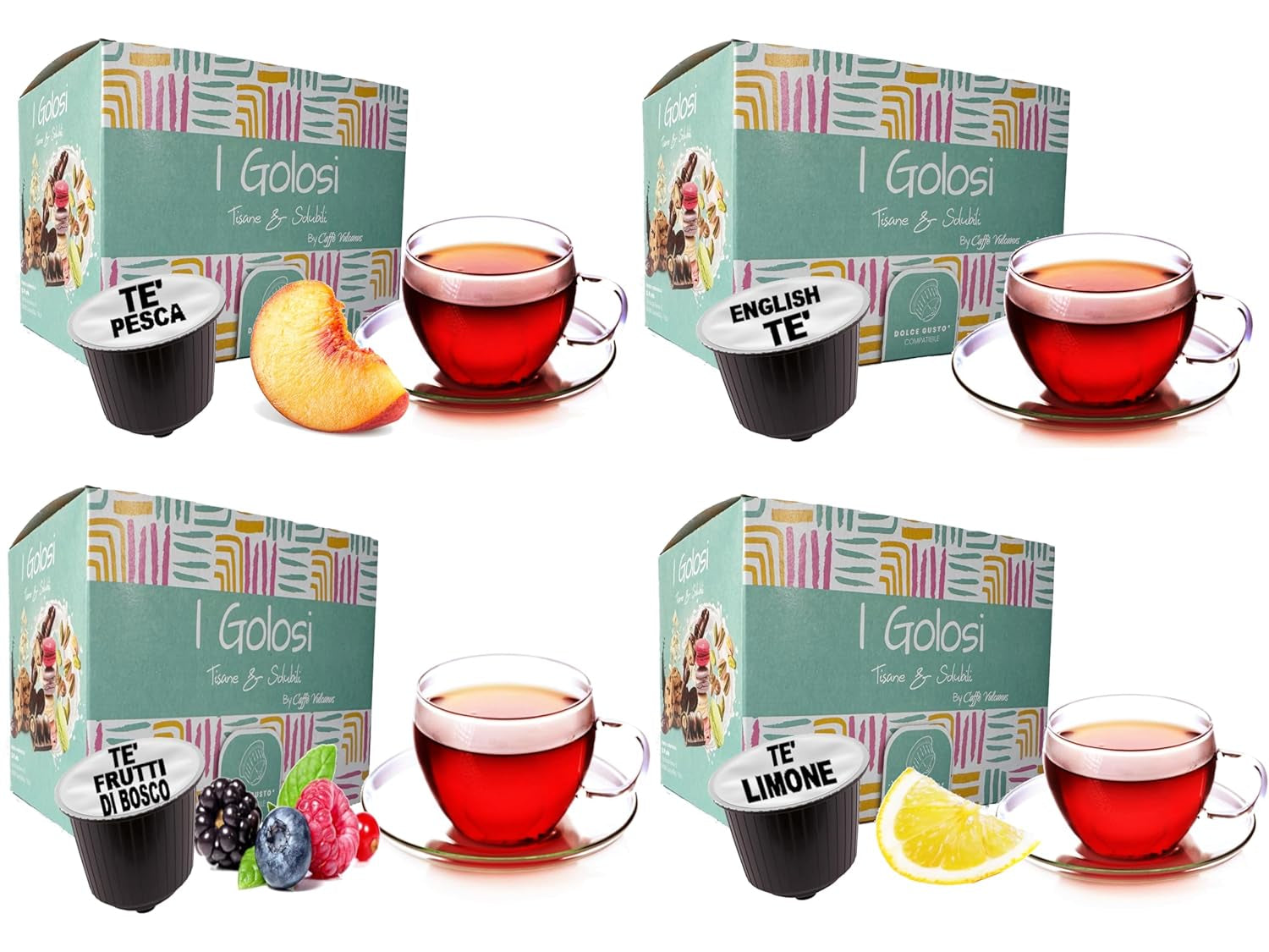 Caffè Vulcanus - 60 capsules theemengsel, smaak: Engelse thee, perzikthee, citroenthee en bessenthee - capsules compatibel met Nescafe Dolce Gusto