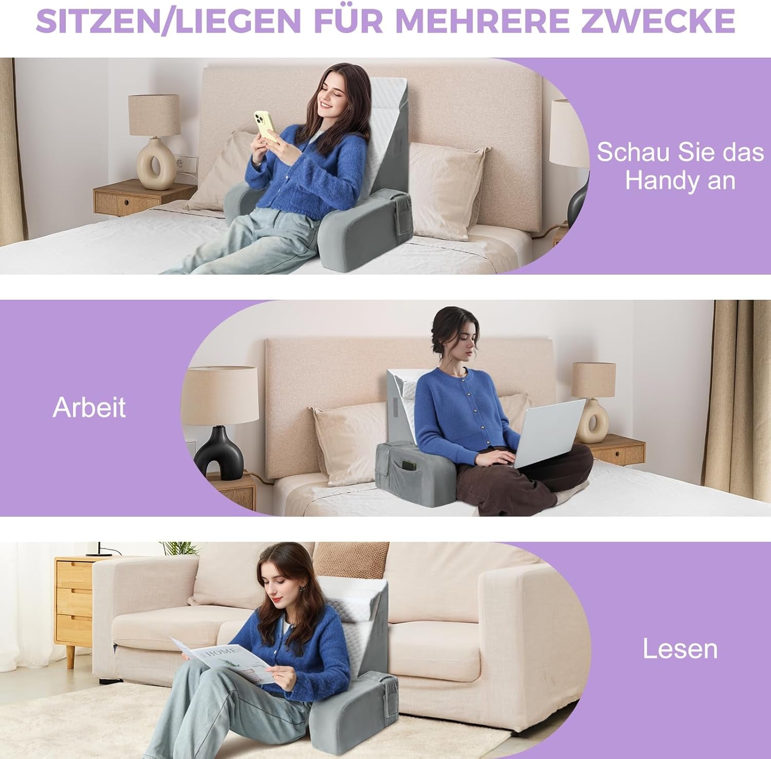 Groot leeskussen met handgreep, schuim met hoge dichtheid, ergonomisch rugkussen, armleuningen, neksteun en hoofdsteun, verstelbaar zitkussen om te slapen, spelen, tv kijken, voor bed en bank