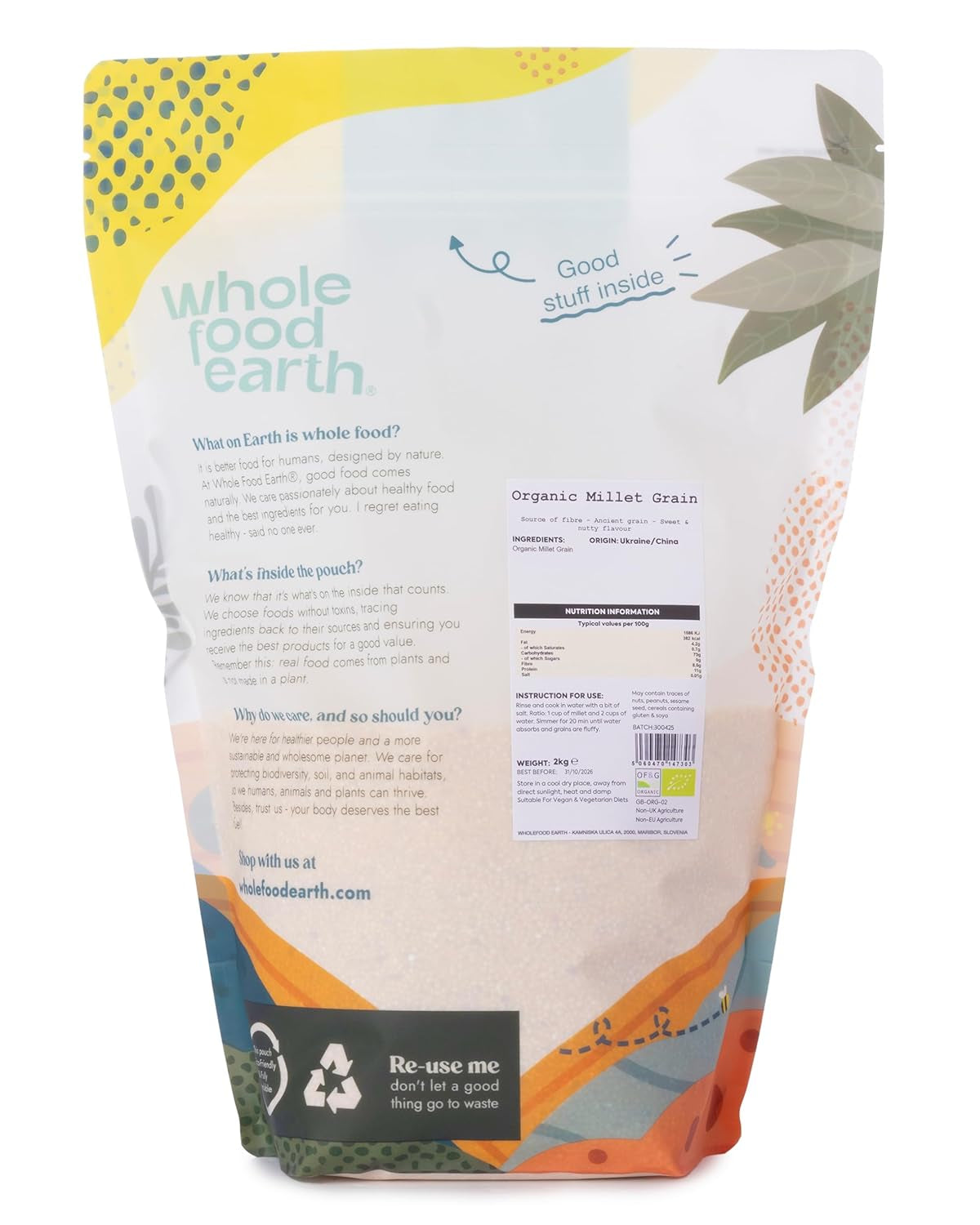 Gierst biologisch Volkoren Aarde 2 kg | Niet-GMO | Veganistisch | Rijk aan vezels | Gecertificeerd biologisch