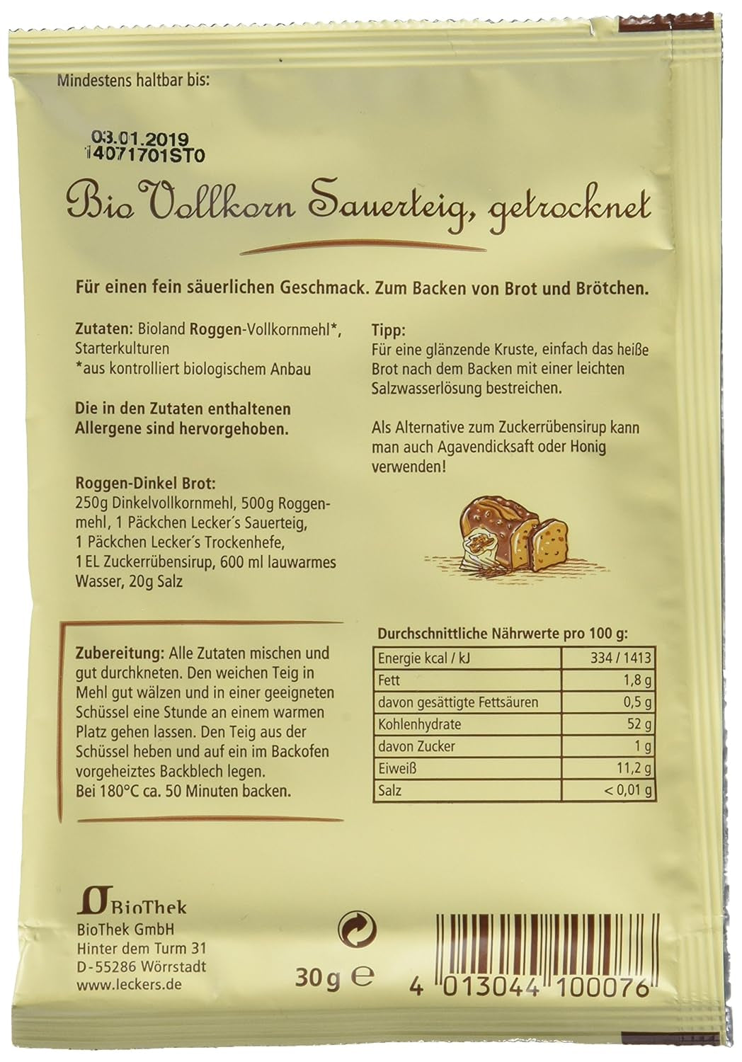 Lecker'S Bio Vollkorn Sauerteig (10 X 30 G) Mengsel voor bakken en koken Naty Shop