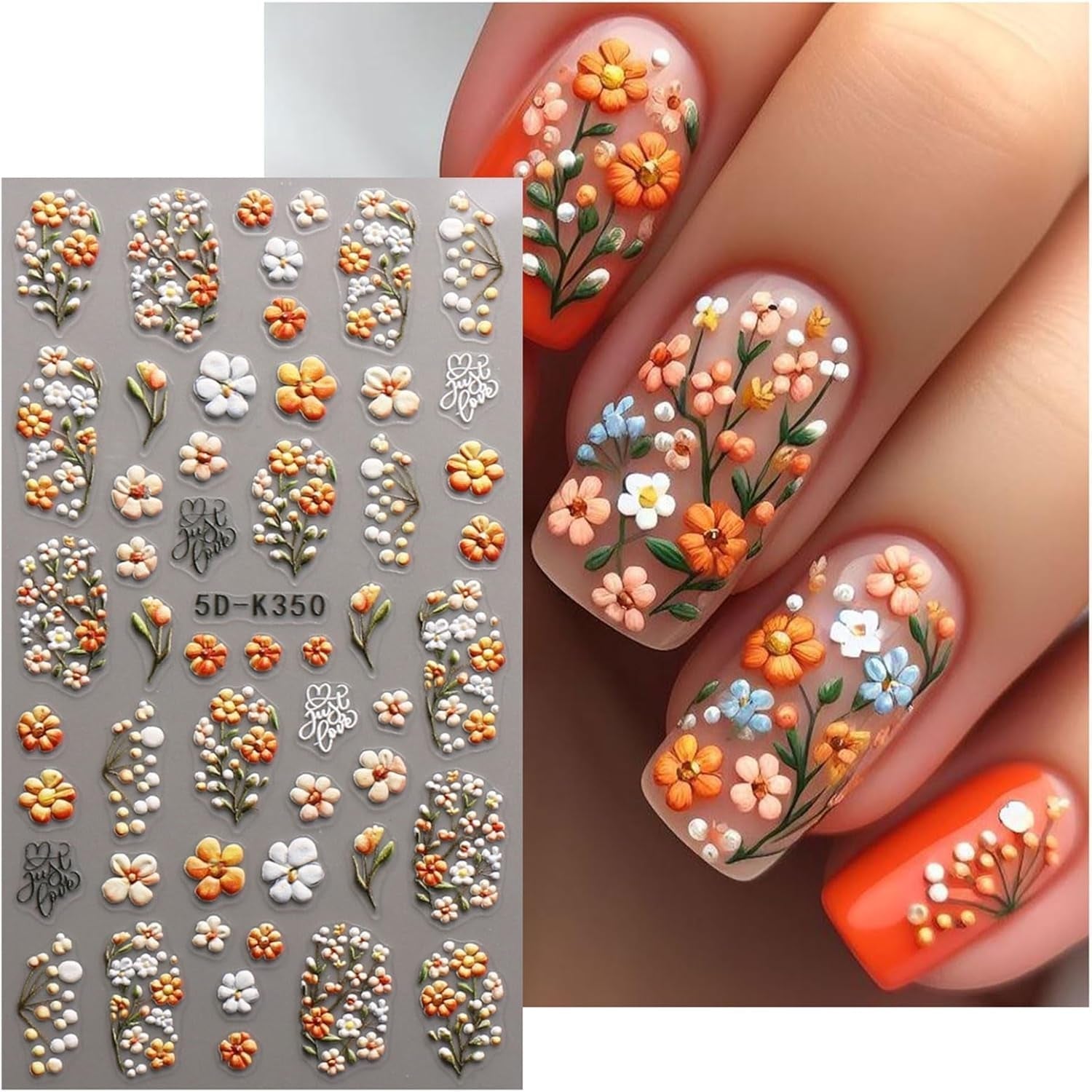 JMEOWIO 3D Nagelsticker Blumen Nail Art Sticker Selbstklebend Nagelaufkleber 5D Stereoskopisch Kruiden Blumen Decoratie Nageldesign Zubehör 4 Blatt