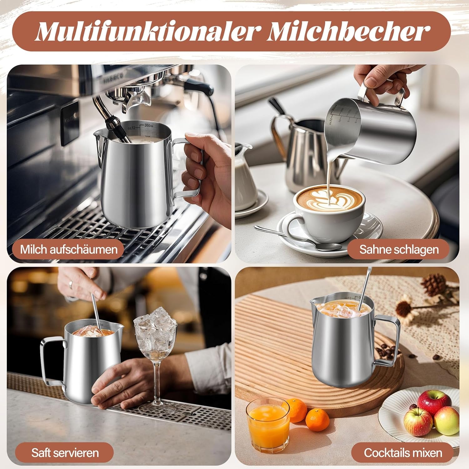 Melkmok, 350 ml roestvrijstalen melkmok met maatmarkering, Barista-accessoire, melkmok voor cappuccino, espresso, latte art, koffieliefhebbers, zilver, 355 ml