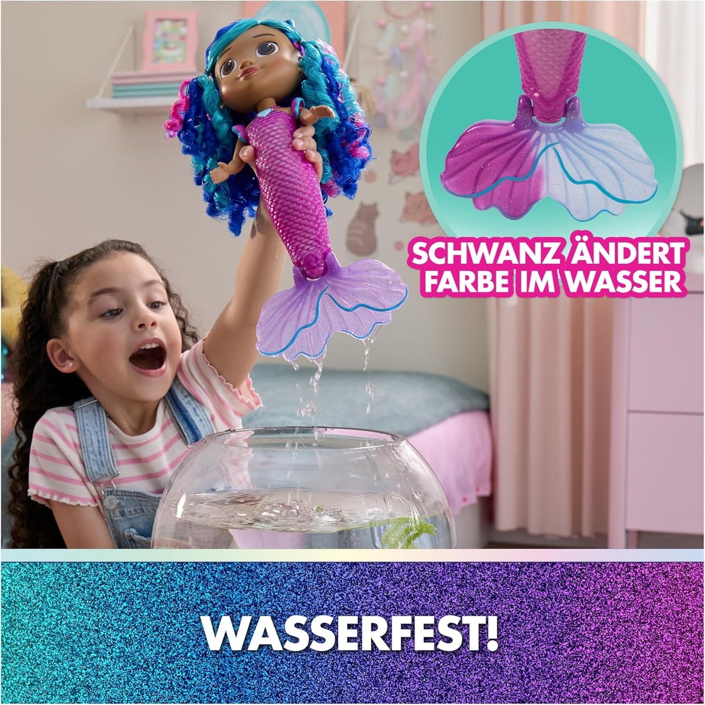 DREAMWORKS GABBY'S POPPENHUIS – Sing & Shine Meerjungfrau Gabby, 35 cm groot Puppe mit Licht- en Geluidseffect, spricht Deutsch, für Kinder ab 3 Jahren