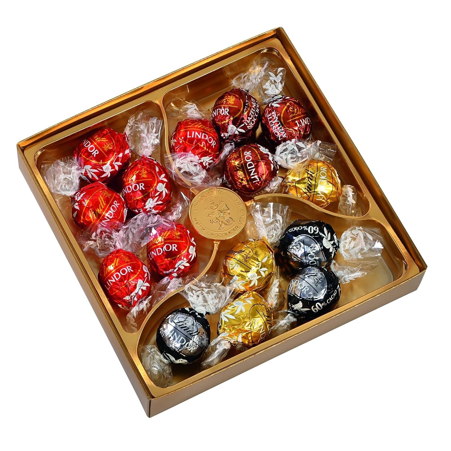 Lindt LINDOR geschenkdoos met diverse chocolaatjes, ca. 15 LINDOR-truffels, 4 varianten (melkchocolade, witte chocolade, pure chocolade 60% en hazelnoot), 187 g