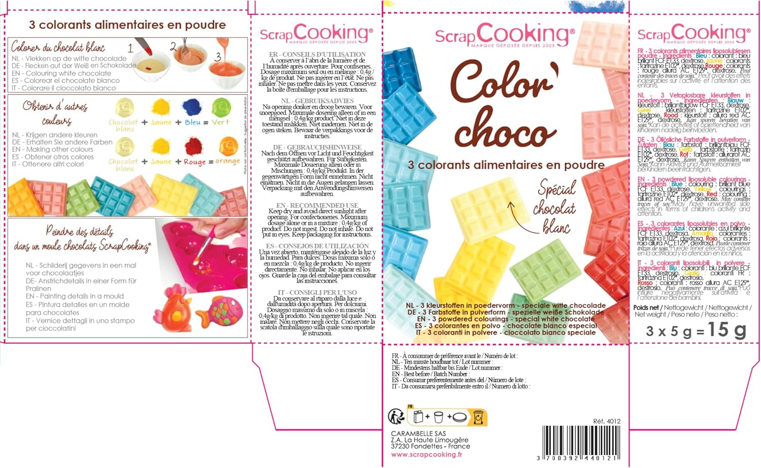 Schroot bakolie oplosbare poederverf 4012, rood, blauw en geel, gewicht 15 g, 3 stuks, gekleurd