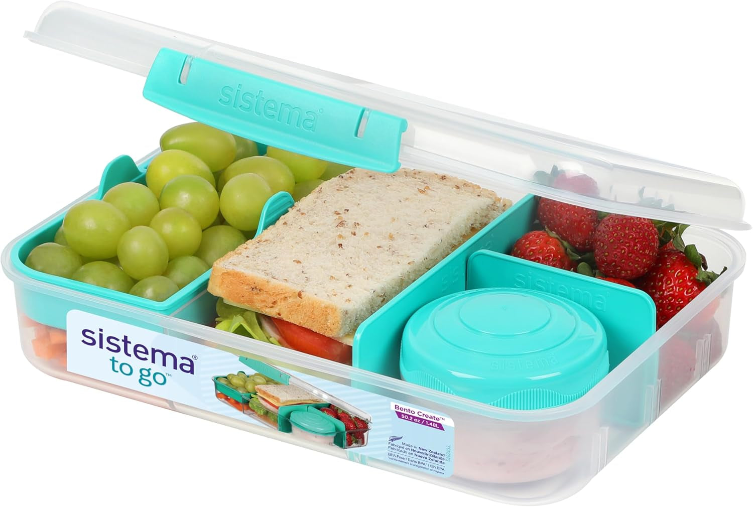 Bento Box TO GO lunchboxsysteem met vakken | Lunchbox van 1,25 L met yoghurt-/fruitcontainer | voor kinderen en volwassenen l | BPA-vrij Minty Teal [21685-8T], mintgroen Bewaardozen voor voedsel Naty Shop Minty Teal 1,48 l (inclusief pot van 150 ml)