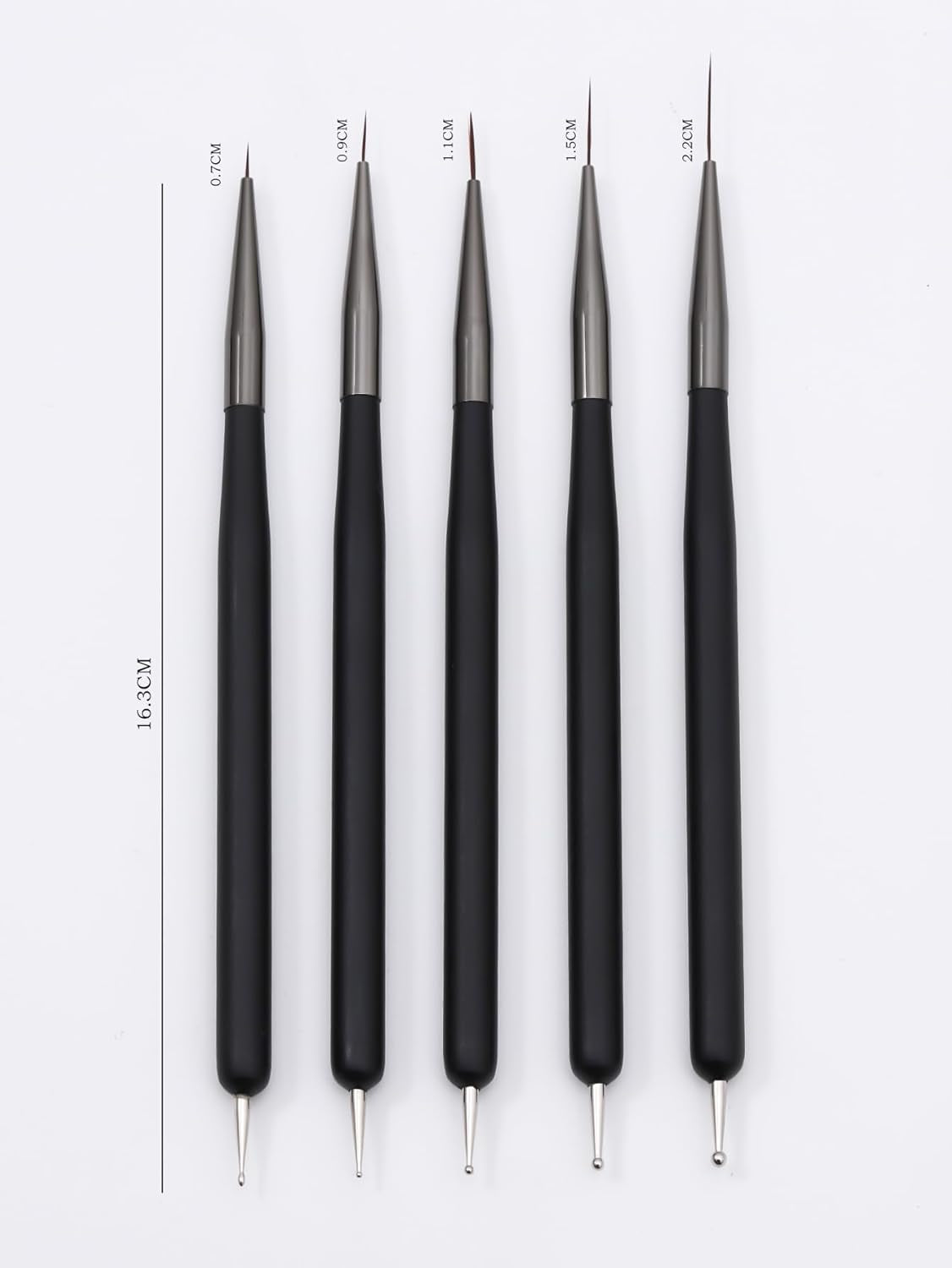 Nagelkunst-Pinsel, 5 Stück, Nailart-Pinsel, Punktierstift-Werkzeuge, Malkunst-Design-Pinsel-Set Für Lange Linien, Dünne Details, Feine Zeichnungsgrößen 7/9/11/15/22 Mm, Zwart