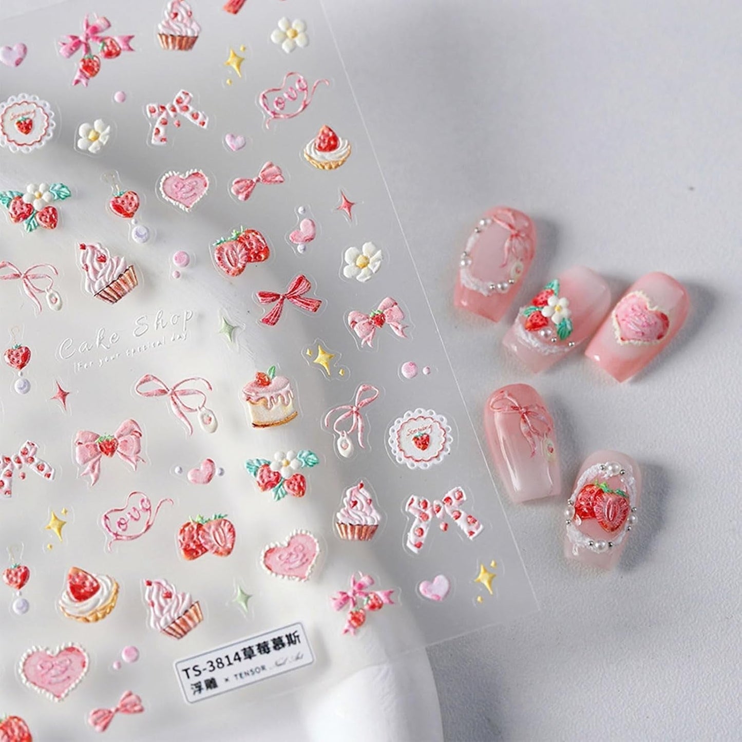 JMEOWIO 3D Nagelsticker Rosa Nail Art Sticker Selbstklebend Nagelaufkleber 5D Stereoskopisch Kuchen Erdbeerschleife Decoratie Nageldesign Zubehör 1 Blatt