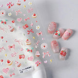 JMEOWIO 3D Nagelsticker Rosa Nail Art Sticker Selbstklebend Nagelaufkleber 5D Stereoskopisch Kuchen Erdbeerschleife Decoratie Nageldesign Zubehör 1 Blatt