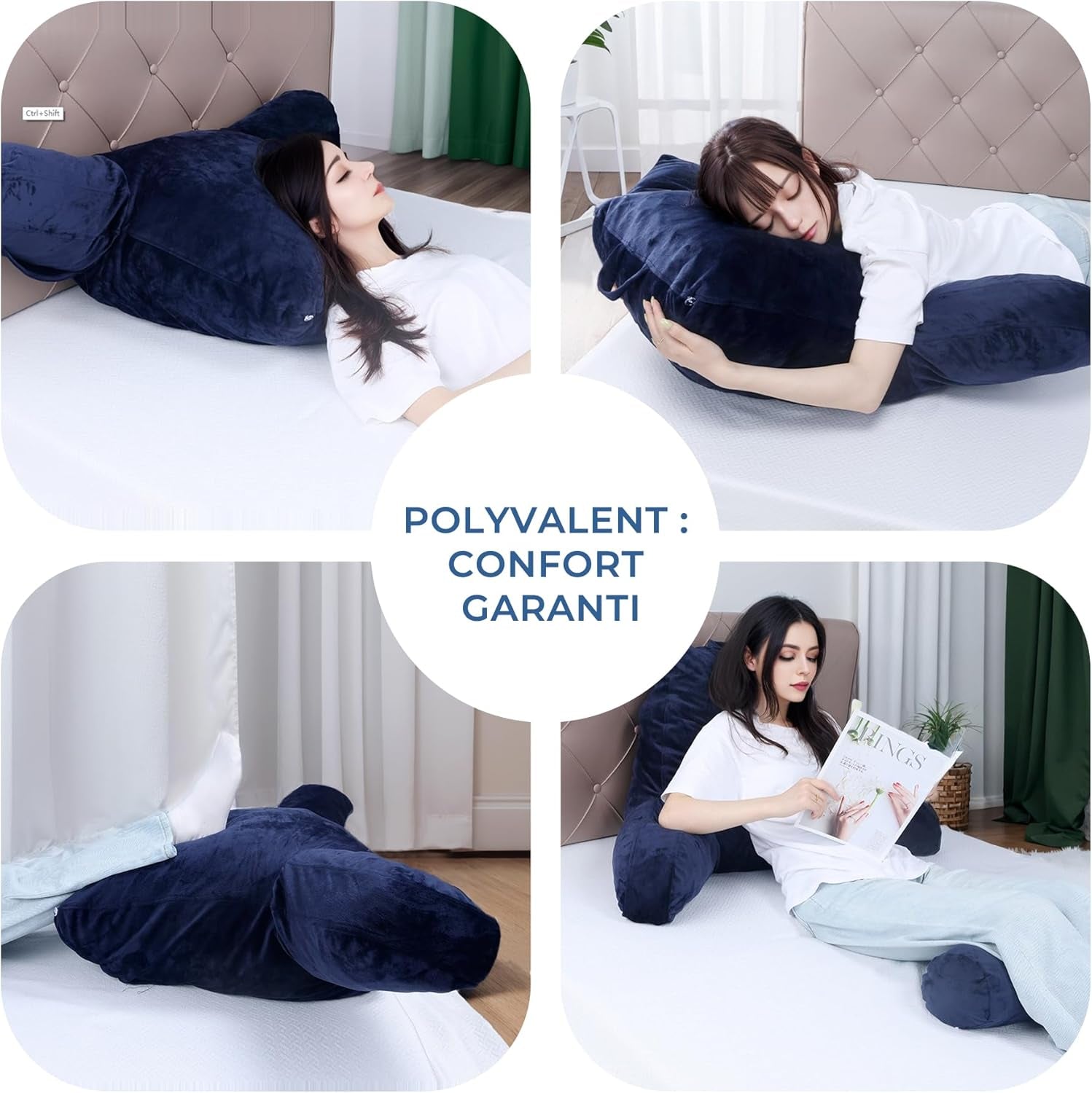 INFANZIA leeskussen met armleuningen, traagschuim, ergonomische ondersteuning voor bank en bed, marineblauw