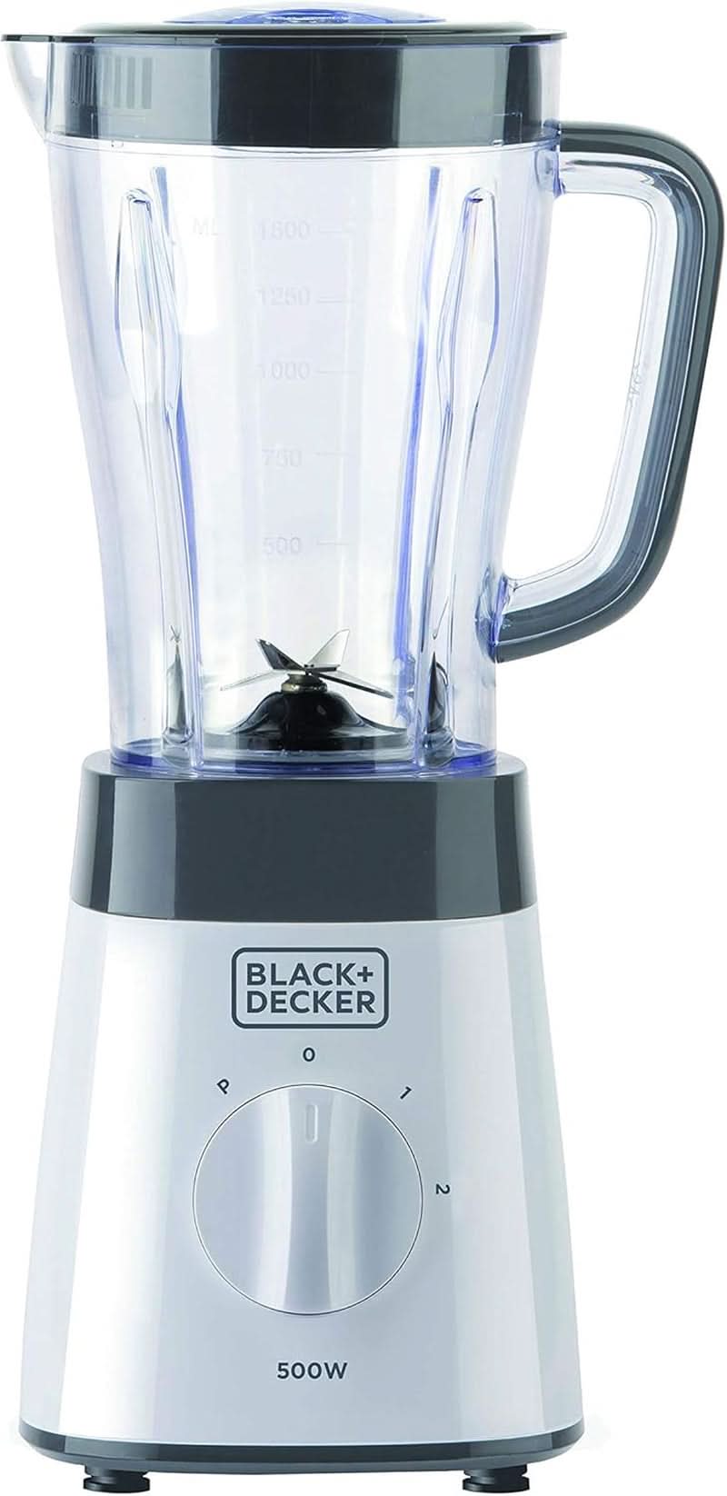 BLACK+DECKER Keukenmixer | 500W | 2 snelheden | Pulsfunctie | Glasrug | 1,5L | Edelstahlmesser Mit 4 Klingen | Herausnehmbar en Leicht Zu Reinigen | Weiß Und Grau Keuken Naty Shop 500W Kunststoff