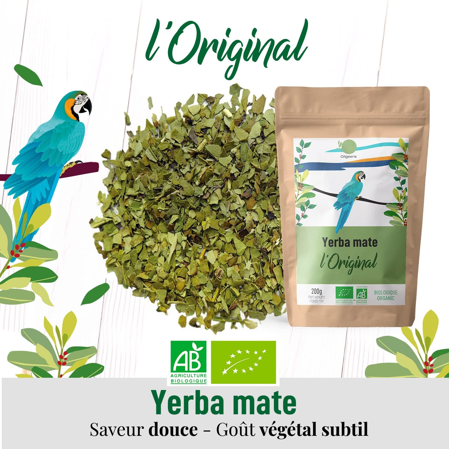 ORIGEENS BIO YERBA MATE THEE 200G - De originele I Bio Yerba Mate ongebrand, bladeren, zonder stengels, stof en kruimels I Energieke en ontgiftende drank