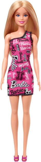 Modieuze Barbie-pop met steil blond haar in een roze afneembare jurk met één schouder en schoenen met gedrukt logo, HRH07