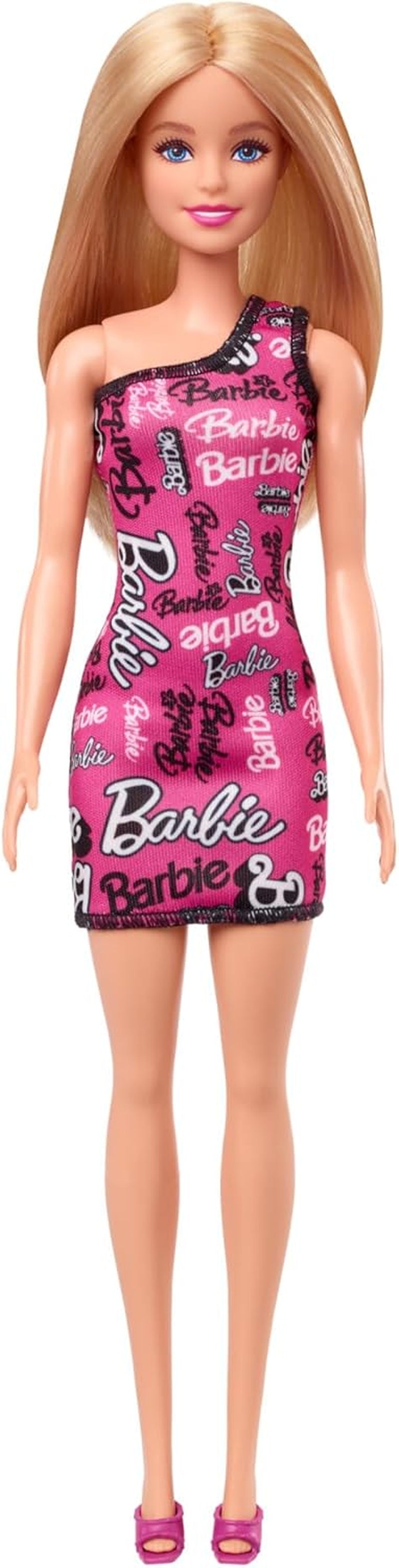 Modieuze Barbie-pop met steil blond haar in een roze afneembare jurk met één schouder en schoenen met gedrukt logo, HRH07