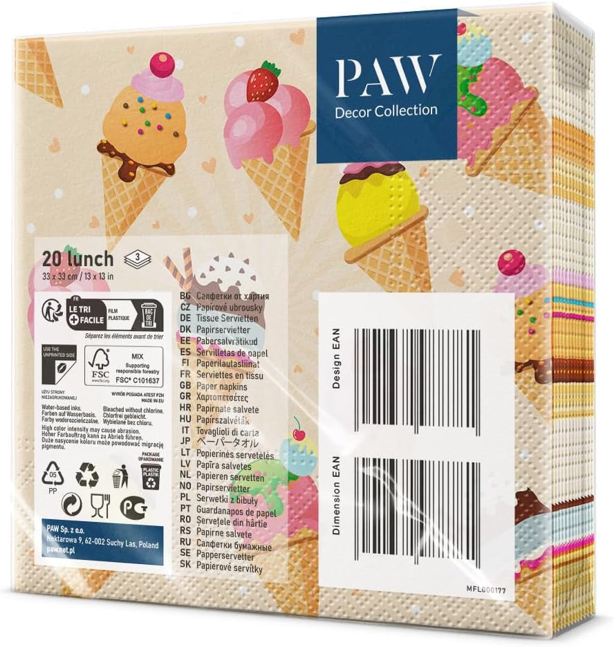 PAW - 3-laags servetten (33 x 33 cm) I 20 stuks I Perfect voor feesten, verjaardagen, feestdagen I Tafeldecoraties voor kinderfeestjes - Papieren servetten met kleurrijk motief - IJs I IJs