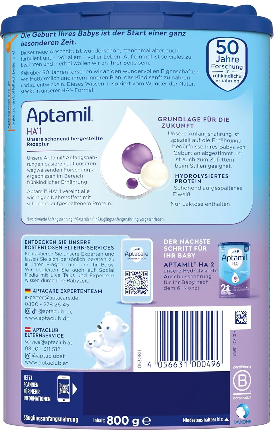 Aptamil HA 1 - Zuigelingenvoeding vanaf de geboorte, met DHA, lactosevrij, palmolievrij, babyvoeding, melkpoeder, 1 x 800 g