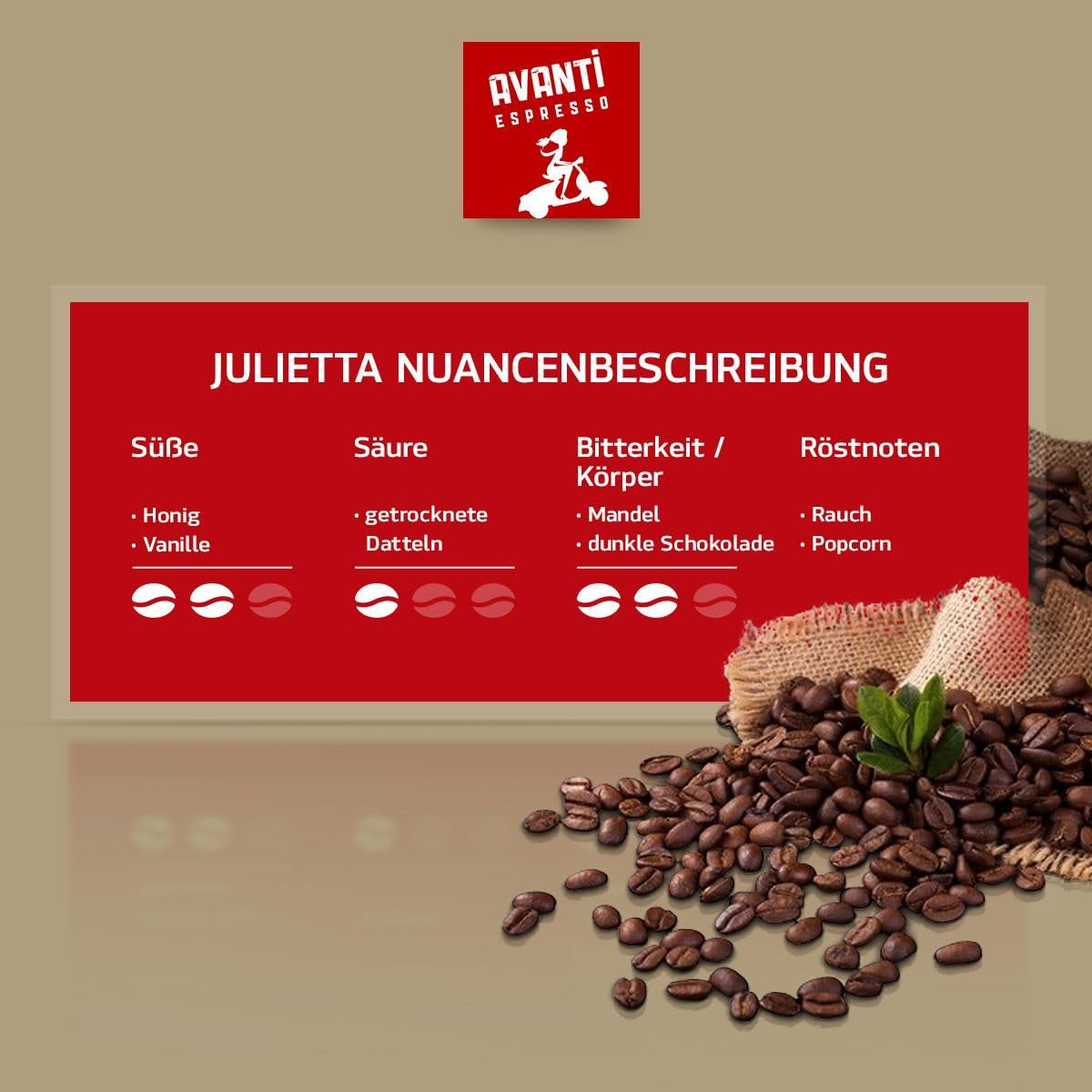 AVANTI Julietta Espresso koffiebonen, 500g, 70% Arabica 30% Robusta, traditionele trommelbranding