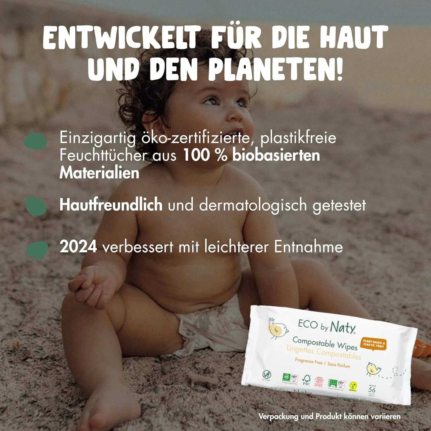 Naty Babydoekjes | 100% kruiden- en geurvrij voor de gevoelige huid | Plasticvrije en gecertificeerde composteerbare doekjes met 98% gezuiverd water | 672 doekjes (12 pakjes)