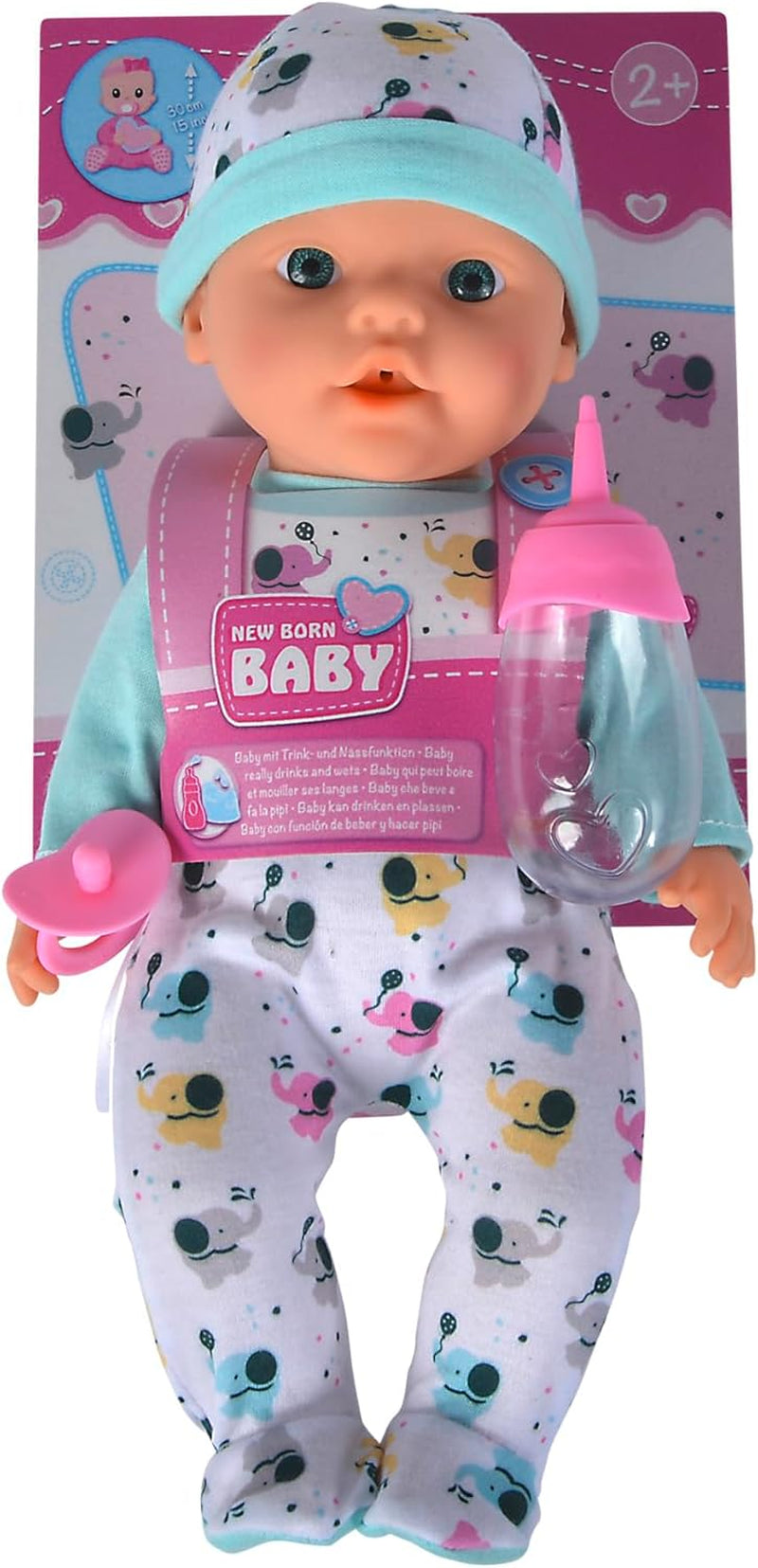 Nieuw geboren baby-olifantje van vinyl met eet- en drinkfunctie, fles en fopspeen, 30 cm, 2 jaar oude poppen Naty Shop