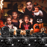 49-delige Halloween Spider papieren bestekset inclusief borden, servetten, glazen en tafelkleed. Zwart servies bestaande uit dessertborden, servetten en glazen.