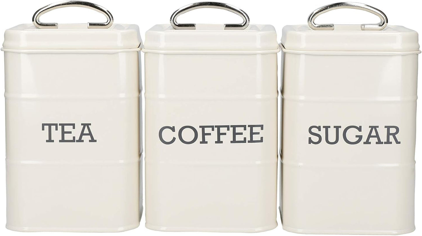 KitchenCraft Living Nostalgia set van 3 thee suiker koffie voorraadpotten geschenkdoos staal antiek crème 11 cm x 11 cm x 17 cm vintage blauw voedselopbergdozen Naty Shop vintage blauw