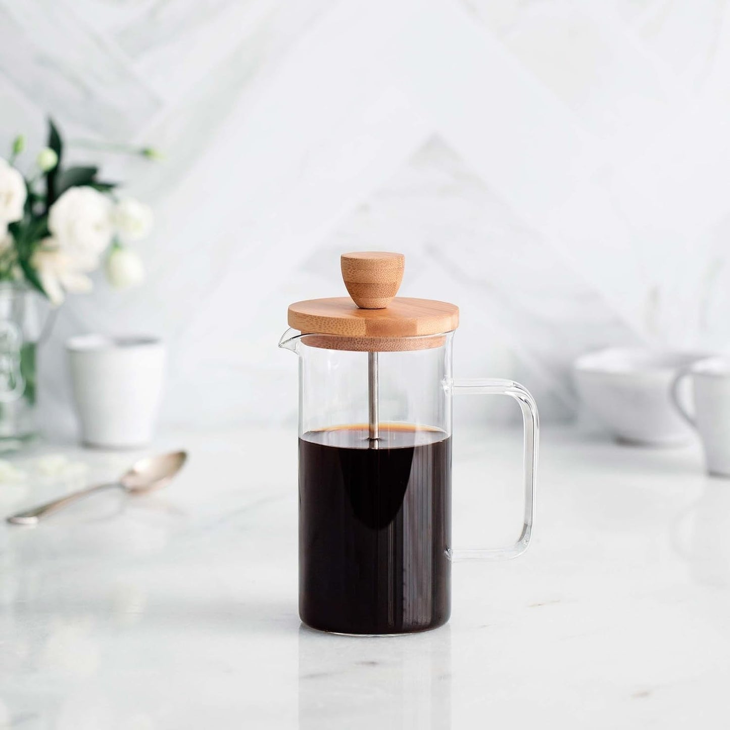 - Frans koffiezetapparaat, koffiepers, zuigerkoffiezetapparaat, Franse filterkoffiekan, 3 kopjes, 0,35 l, staal en hout