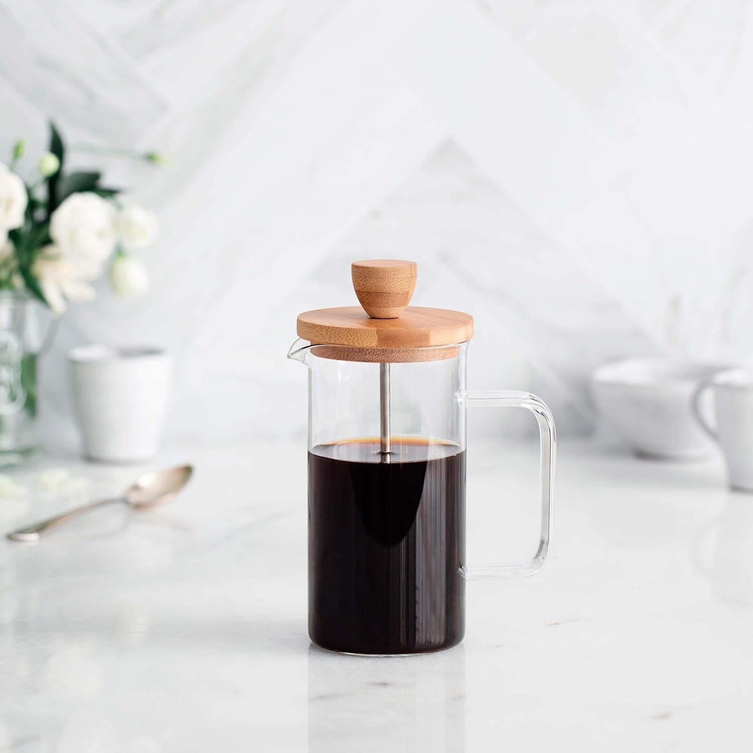 - Frans koffiezetapparaat, koffiepers, zuigerkoffiezetapparaat, Franse filterkoffiekan, 3 kopjes, 0,35 l, staal en hout