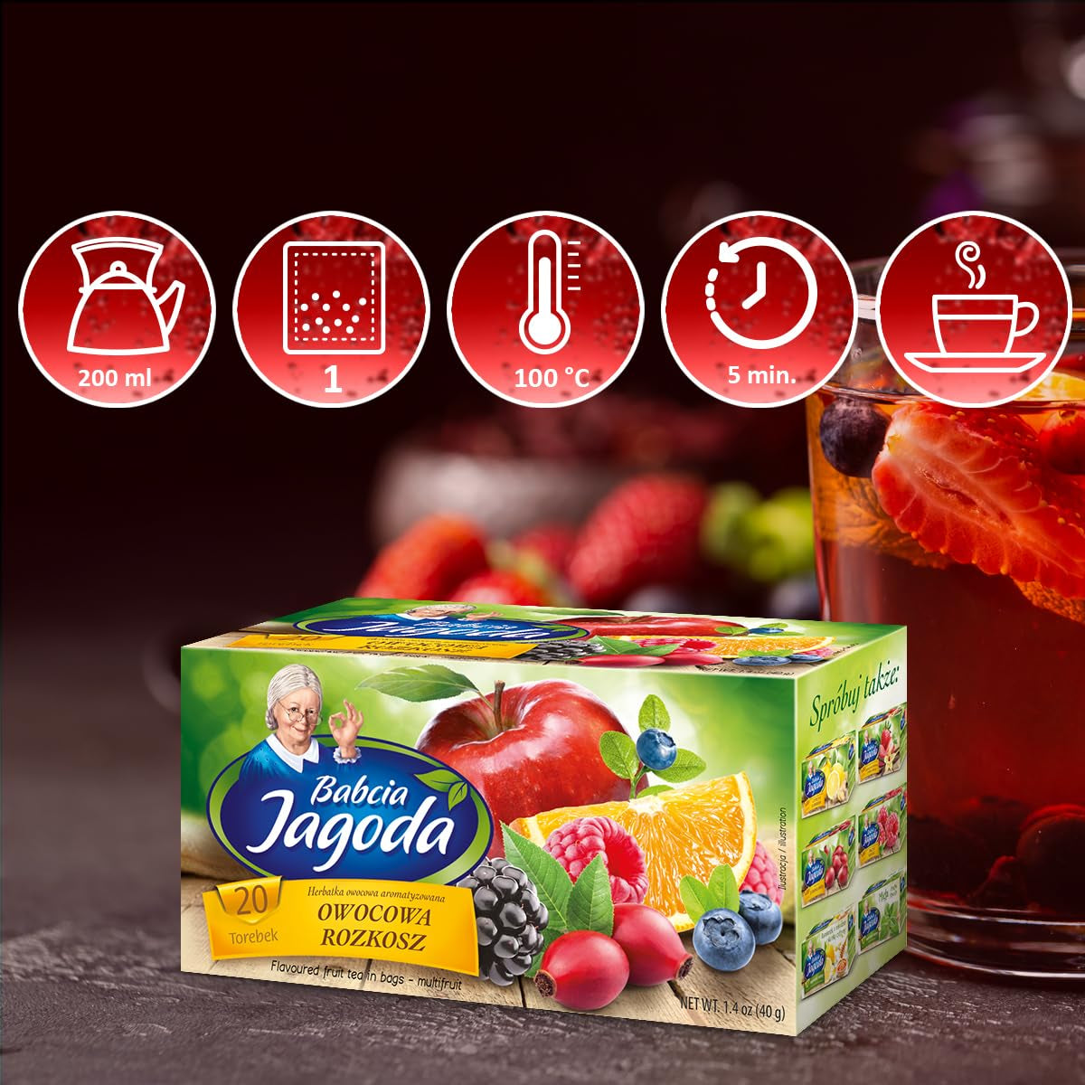 Babcia Jagoda - Vruchtenthee "Fruchtige Verführung" - 20 theezakjes - Met hibiscus, appel, appelbes, braam, rozenbottel, sinaasappelschil - Intense fruitsmaak, cafeïnevrij, vegan, natuurlijk, Cay - 40G