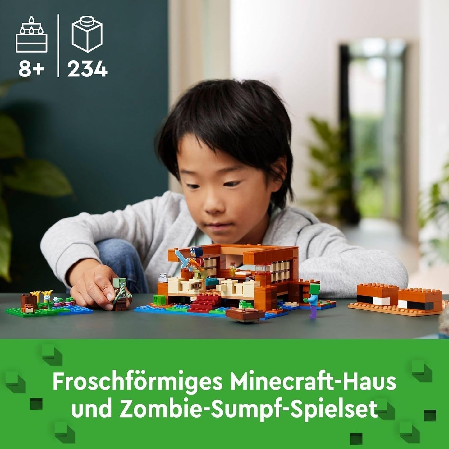 LEGO Minecraft Het Kikkerhuis, speelgoedhuis met figuren waaronder zombie, slijm en drenkeling, plus accessoires zoals speelgoedboot en werkbank, cadeau voor jongens en meisjes vanaf 8 jaar 21256 Bouwsets Besuche den LEGO-Store