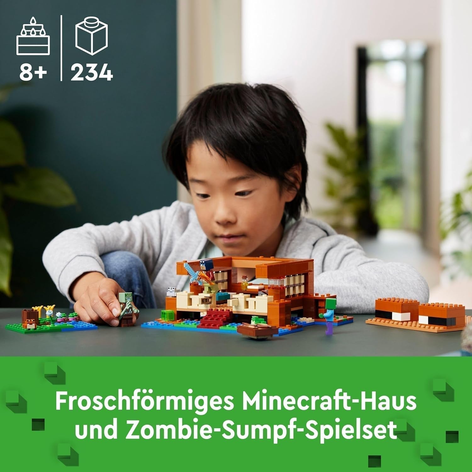 LEGO Minecraft Het Kikkerhuis, speelgoedhuis met figuren waaronder zombie, slijm en drenkeling, plus accessoires zoals speelgoedboot en werkbank, cadeau voor jongens en meisjes vanaf 8 jaar 21256 Bouwsets Besuche den LEGO-Store