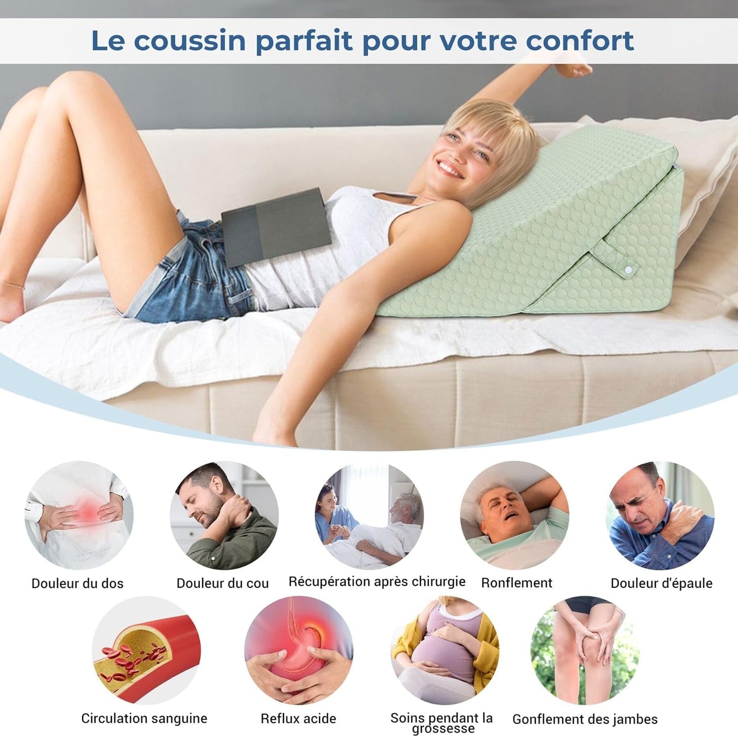 INFANZIA wigkussen voor bed, hoekkussen, driehoekig kussen, opvouwbaar, traagschuim, slaapapneu, zure reflux, beenhoogte, lezen, groen