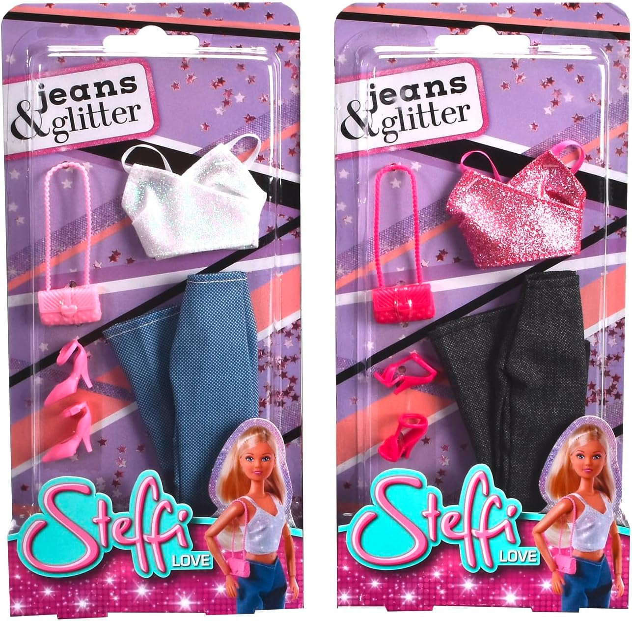 Simba Steffi Love Jeans & Glitter Bijpassend op 2 manieren EEN Item inbegrepen Glittertop met jeans en modeaccessoires voor poppen van 29 cm Pop niet inbegrepen Leeftijden 3+