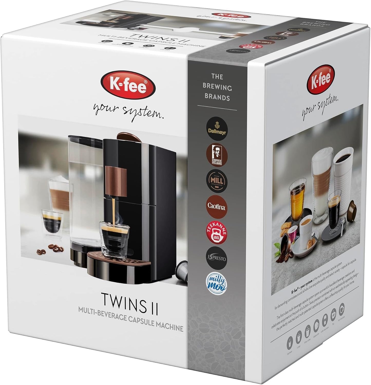 K-FEE TWINS II capsule-espressomachine voor koffie, thee en cacao | Espressomachine voor grote kopjes | Snelle verwarming | Watertank van 2,3 liter | 19 maten | Zwart-koper