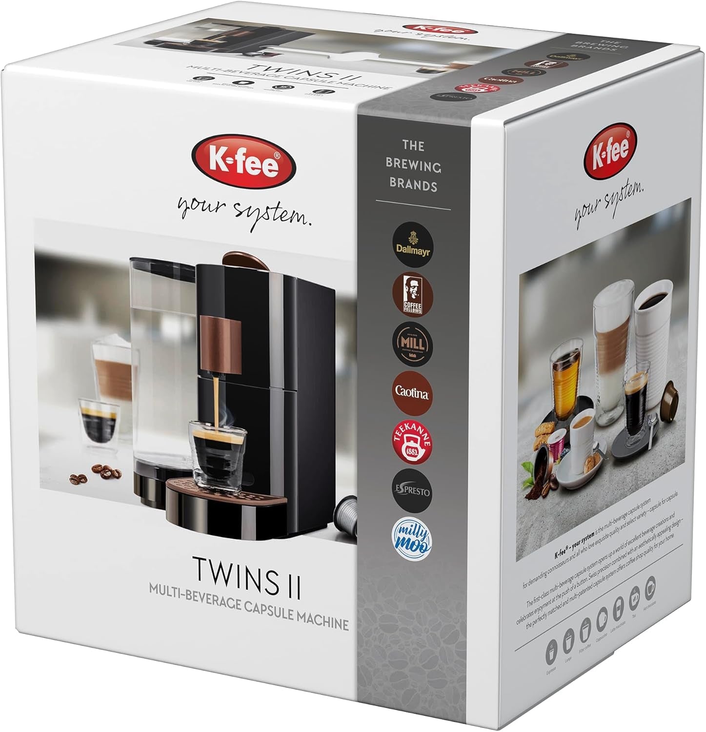 K-FEE TWINS II capsule-espressomachine voor koffie, thee en cacao | Espressomachine voor grote kopjes | Snelle verwarming | Watertank van 2,3 liter | 19 maten | Zwart-koper