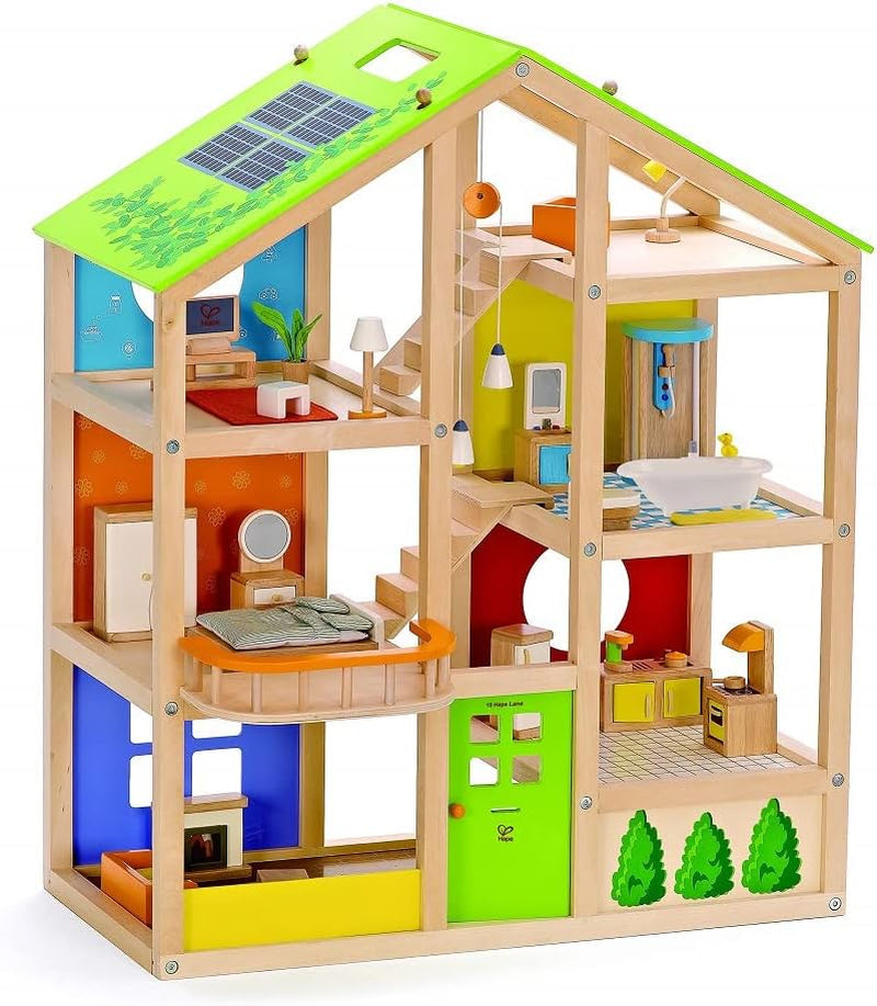Hape E3401 Vierseizoenenhuis, gemeubileerd en E3500 - Poppenfamilie, lichte huid