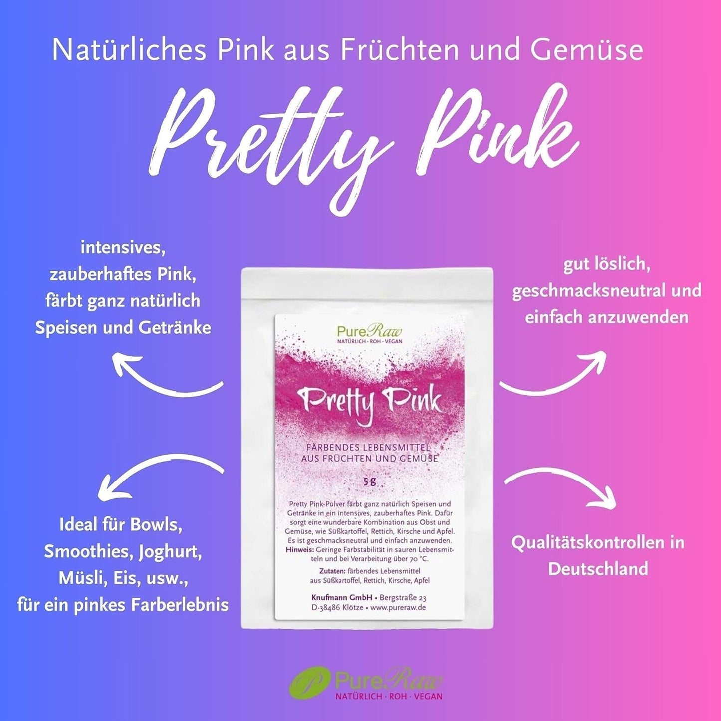 Pretty Pink Natürliche Lebensmittelfarbe Pulver Rosa (Roh Vegan) Pastel Rose Bis Intensiv Rosa-Rot - Essbare kleur voor Lebensmittel Aus Früchten en Gemüse - Natuurlijke kleurstof voor levensmiddelen | Pureraw 5G Naty-winkel