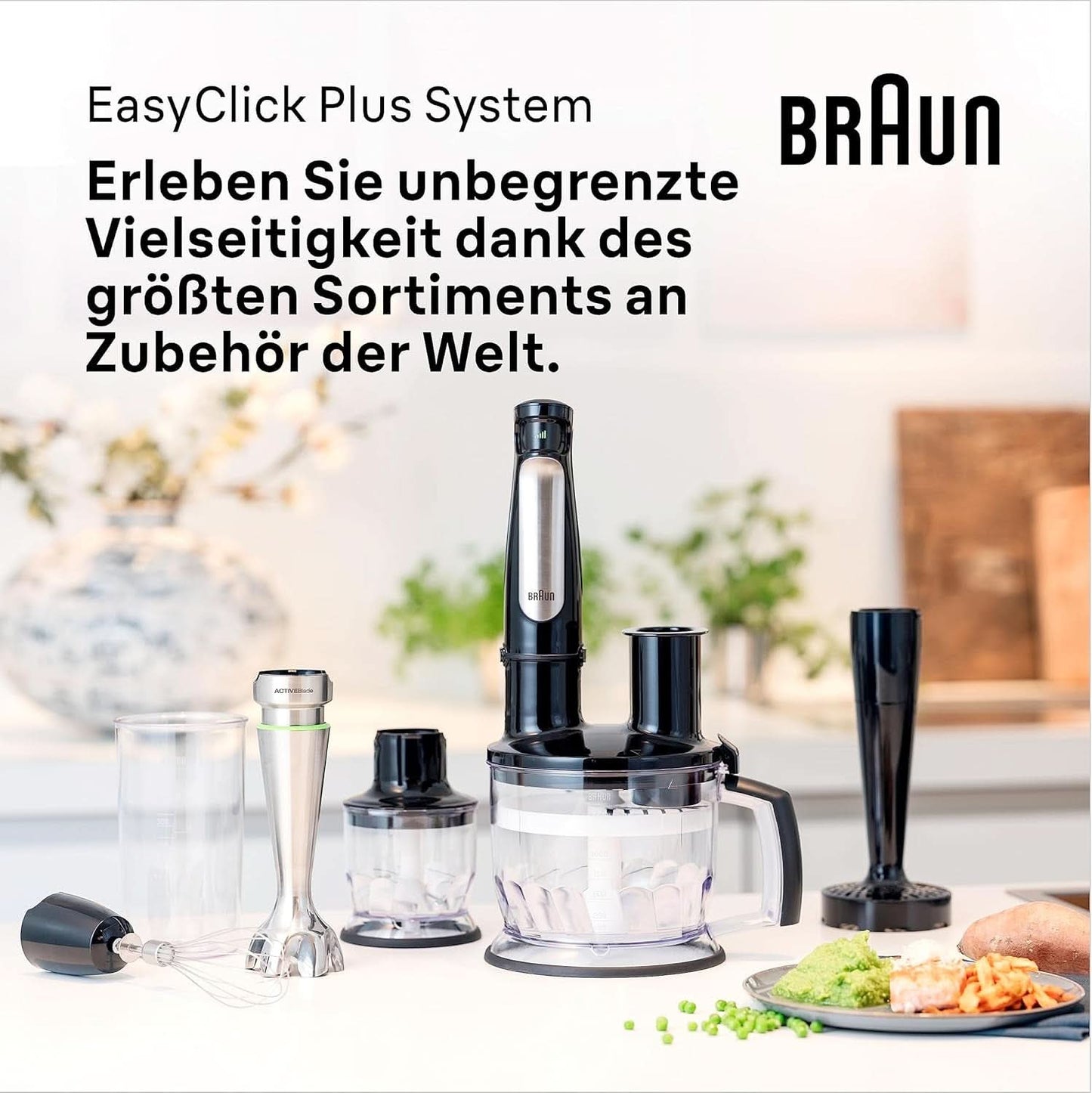 Braun Multiquick 7 MQ 7035X Stabmixer - Pürierstab Mit Abnehmbarem Edelstahl Mixfuß Mit Activeblade Technologie Zum Pürieren Der Härtesten Ingredient, Inkl. 3-delige set Zubehör, 1000 watt, Schwarz Kitchen Naty Shop