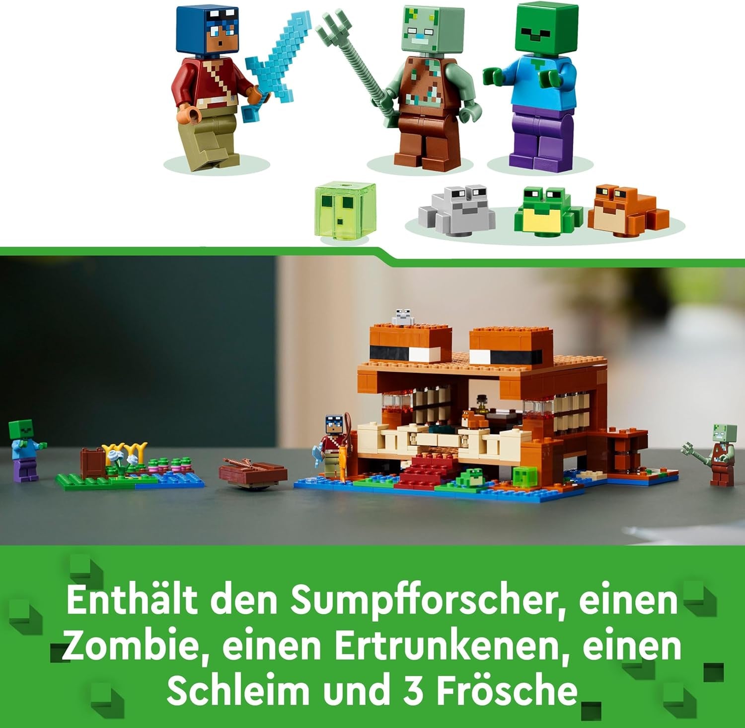 LEGO Minecraft Het Kikkerhuis, speelgoedhuis met figuren waaronder zombie, slijm en drenkeling, plus accessoires zoals speelgoedboot en werkbank, cadeau voor jongens en meisjes vanaf 8 jaar 21256 Bouwsets Besuche den LEGO-Store