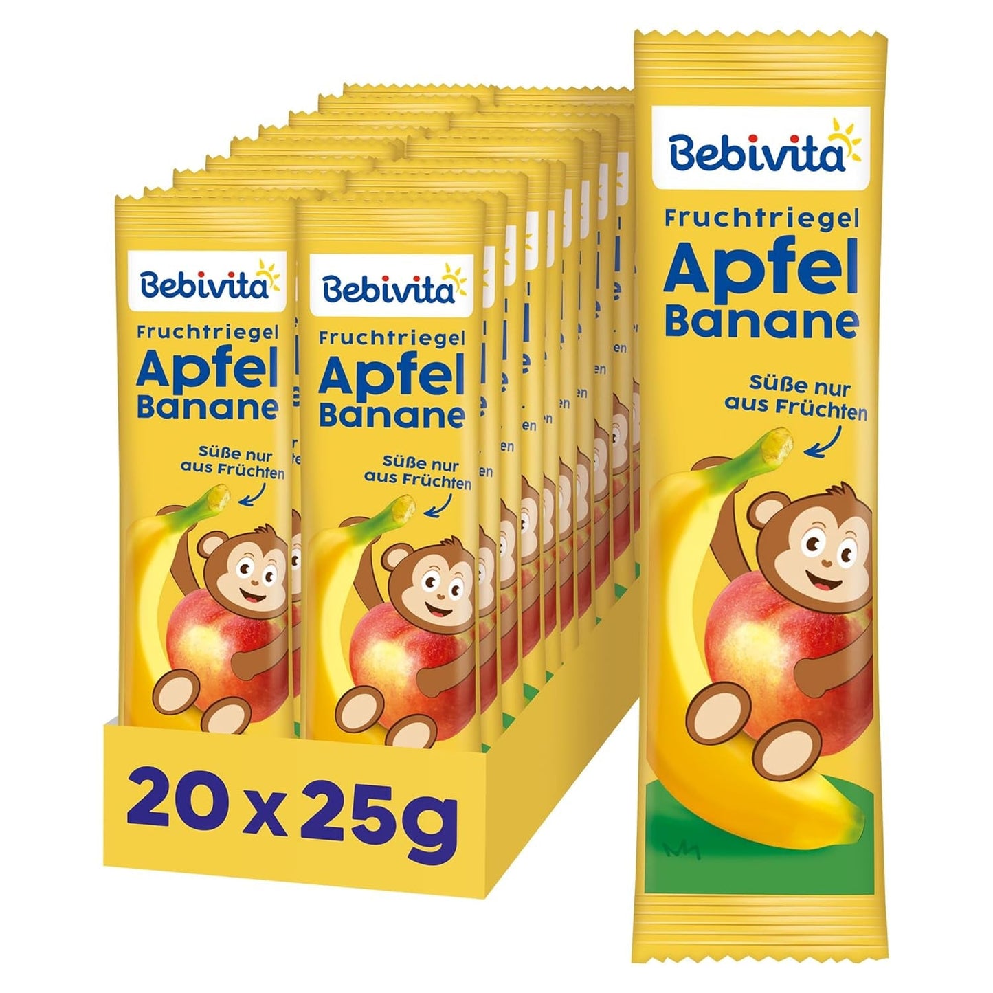Appel- en bananenrepen (20 x 25 g), alleen gezoet met fruit, perfecte snack tussen de maaltijden, bereid met strikt gecontroleerde en geselecteerde ingrediënten.