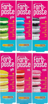 Set van 6 Decocino kleurpasta's - 6 x 20 g - Kleurstof voor levensmiddelen in rood, roze, groen, geel, blauw en zwart, ideaal voor het kleuren van taarten, fondant en crèmes - Azo-vrij en glutenvrij