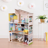 Olivia's Little World hedendaagse mediterrane stijl interactief houten poppenhuis van 3 verdiepingen voor kinderen met 17 poppenmeubelaccessoires veelkleurig TD-13551B