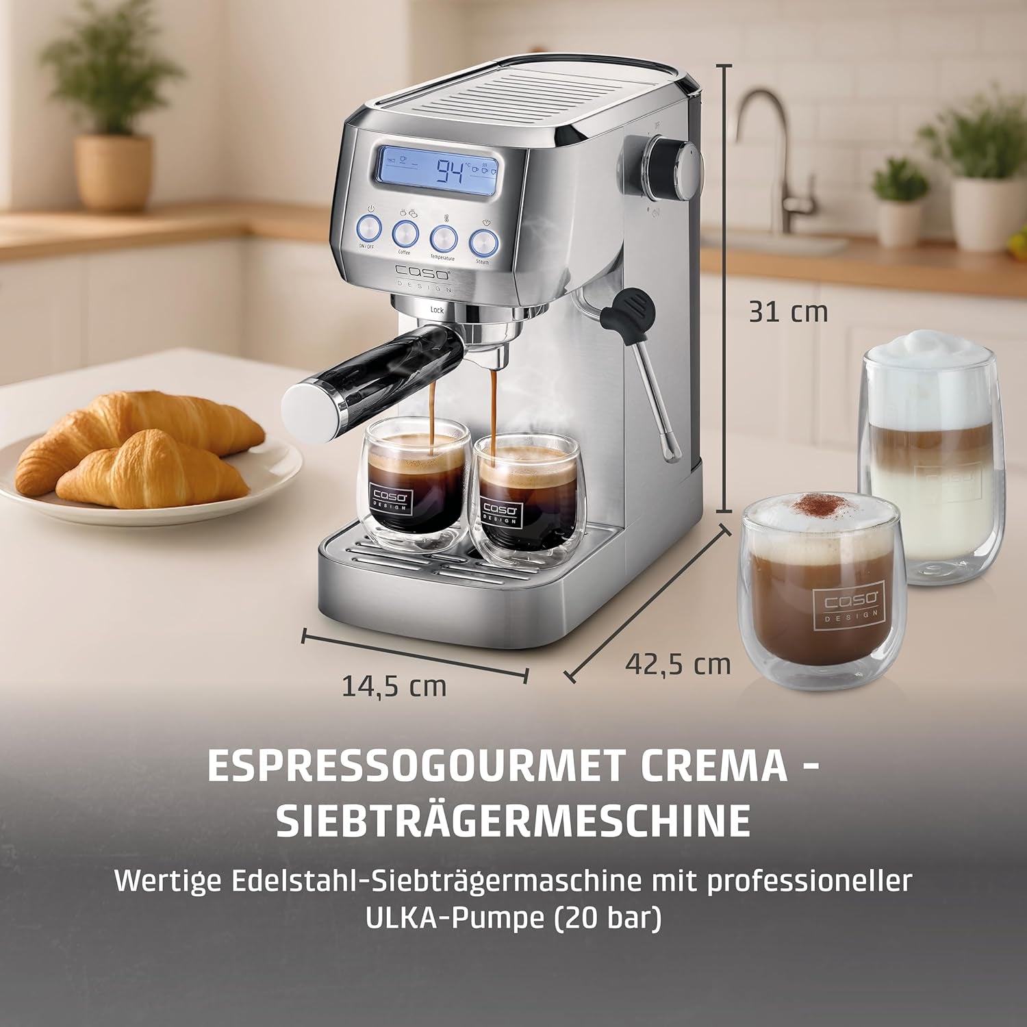 CASO EspressoGourmet Crema - Portafilter espressomachine met melkopschuimer, espresso, cappuccino, roestvrijstalen portafilter, ULKA 20 bar pomp, koffiezetapparaat, gemalen koffie, ESE capsules