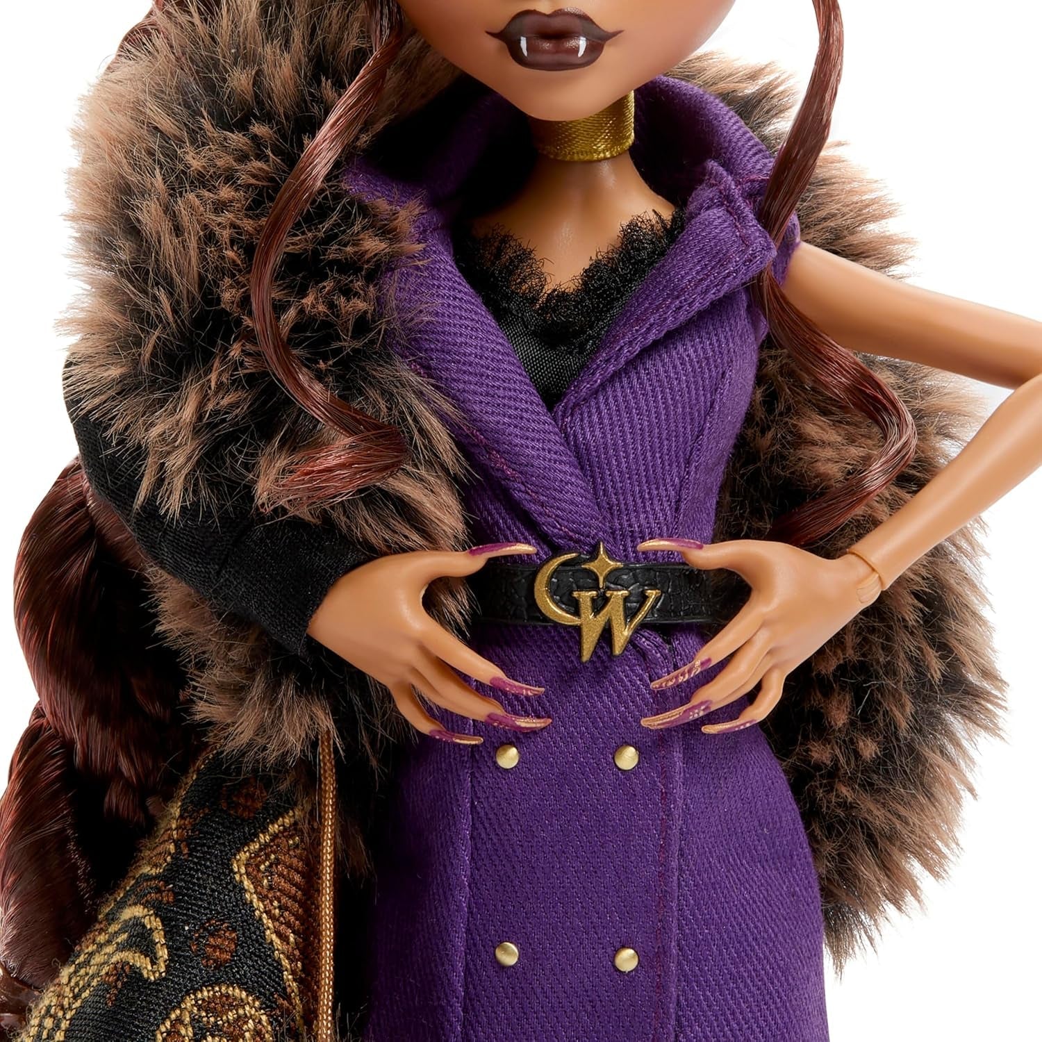 Monster High Doll House of Wolves Clawdeen Wolf verzamelfiguur met jacquard imitatiebontjas Paars jasje Jurk Gouden broek en accessoires JDR66