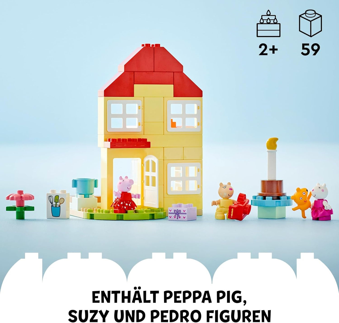 LEGO DUPLO Peppa's verjaardagshuis: Creatief speelgoed met 3 figuren, bouw en herbouwd speelgoedhuis voor 2-jarigen, jongens en meisjes, bevordert de behendigheid 10433 Bouwsets Besuche den LEGO-Store