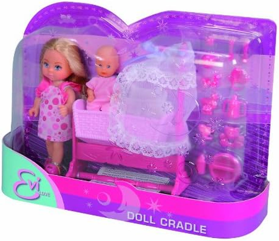 Simba 105736242 - Evi Love Doll Cradle 2 Assortiment Evi als oppas met wieg en babymodepop 12 cm voor 3 jaar en ouder