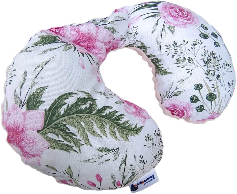 Medi Partners Baby Nekkussen Neksteun 100% Katoen / Minky Baby Nekkussen voor Auto Wandelwagen Reizen Reizen Slaap Nekkussen Snooze Roll (REH met Grijze Minky) Cervicale Orthopedische Kussens Naty Shop Bloem met Lichtroze Minky